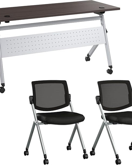 Bush Business Furniture Folding Training Table Set for 2, 60 inch Desk with Powered Grommets and 2 Chairs, Commercial-Grade Bundle for Office or Classroom, Envision Collection, Gray