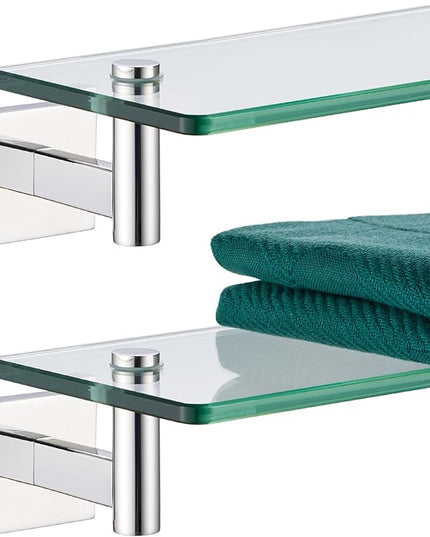 KOKOSIRI Bathroom Shelves Wall Mounted Floating Glass Shelf Polished Stainless Steel 16-Inch Hanging Rack for Storage/Room Decor 2 Pack B1105CH-L16-P2