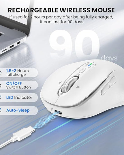 Wireless Bluetooth Mouse Rechargeable,USB+BT×2,Multi Device Quiet Ergo Computer Mouse,Metal 4-Way Super Scrolling,± 3200 DPI,10 Button,Plug&Play,Cordless Mice for Laptop,Tablet,Mac,iPad,PC,Phone-White