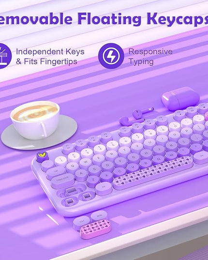 Wireless Keyboard and Mouse Combo, 104 Keys Cute Colorful Keyboard and Mouse with Retro Typewriter for PC/Mac/Laptop/Tablet/Computer/Windows Microsoft, Purple