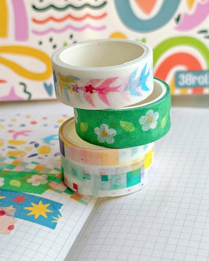 Bomichi 38 Rolls Washi Tape, Aesthetic Colored Decorative Cute Scrapbook Tape for Scrapbooking Supplies Journaling Craft Junk Journal