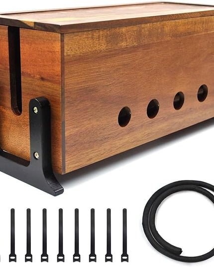 Large Cable Management Box, Wood Cord Hider Box & Organizer for Power Strip Hider Cable Storage for Office, TV Wires, Desk Cord Organizer, 14.1" x 6" x 6.3", Vintage Walnut