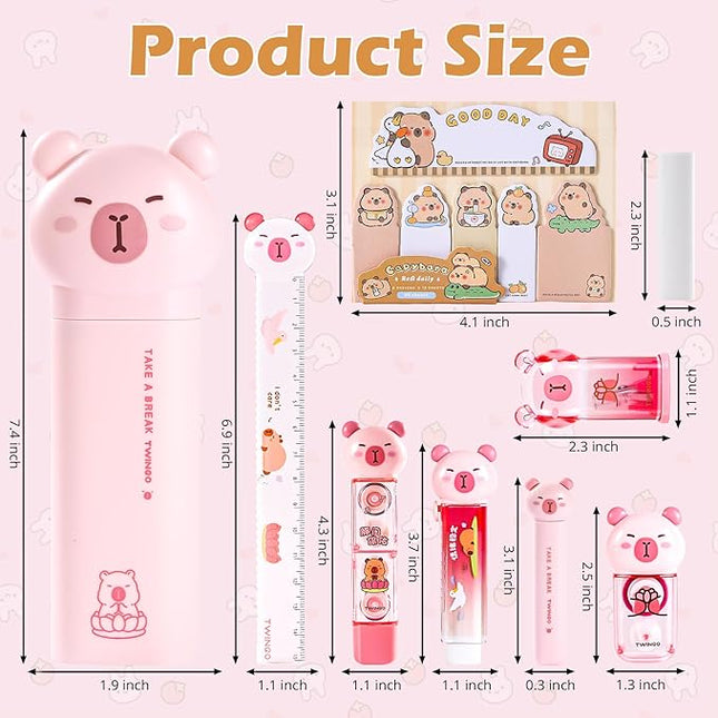 9 Pcs Cute Capybara Stationary Set Kawaii School Supplies Japanese Stationery, Includes Pencil Sharpener, Eraser, Correction Tape, Glue Tape, Sticky Notes, Ruler, Scissors for Office School Supplies