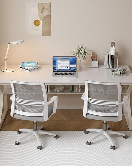 Extra Long Desk with Bookshelf - 63" Double Long Writing Table for 2-Person Workstation, Modern Study Work Computer Desk for Home and Office, Warm White