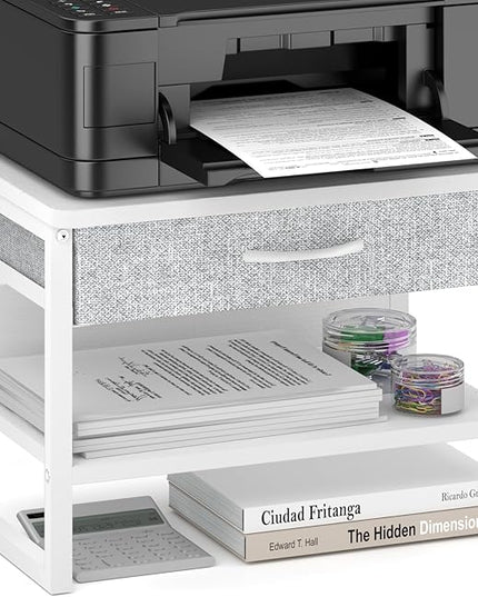 MARTY Printer Stand with Storage Drawer for Desk, 2-Tier Desktop Printer Stand Shelf Organzier for Home Office Printer Riser Under Desk Small Printer Table for Fax Machine Copier Scanner (White)