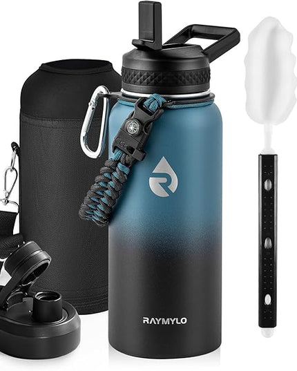 Insulated Water Bottle 32 oz, Triple Wall Vacuum Stainless Steel (Cold for 48 Hrs, Hot for 24Hrs), Leak Proof & Non-BPA, 32oz Hydro Water Flask with Paracord Handle & Straw Spout Lids