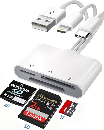 XD Card Reader for iPhone, 3in3 SD/TF/XD Picture Card Adapter to Lightning/USBC/USB A, x-D Picture Cards Reader for iPhone 17/16/15/14/Pad/PC/Android Support SD/TF/X-D Fujifilm Olympus 128G 256G 2TB