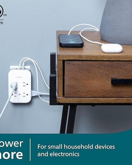 Philips All-in-One Surge Tap with USB, 4 Grounded & 4 Polarized Outlets, 2 USB-C & 1 USB-A Ports, 15W Shared, 1140 Joules, ETL Certified, White/Gray, SPP3155GW/37