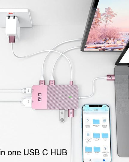 USB Docking Station GIQ USB C HUB USB 3.0 to Dual HDMI VGA Adapter Triple Display USB C Laptop Docking Station Dual Monitor HDMI Splitter Extender Compatible with MacBook M1 M2 USB Dock-Rose Gold