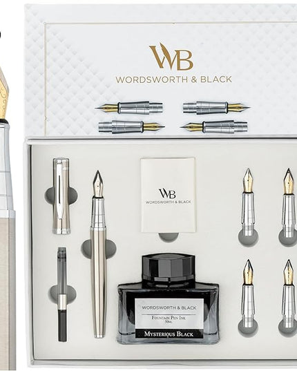 Wordsworth & Black Fountain Pen Gift Set, Includes Ink Bottle, 6 Ink Cartridges & A Refill Converter, 4 Replacement Nibs, Premium Package, Journaling, Calligraphy, Smooth Writing Pens [Silver Chrome]