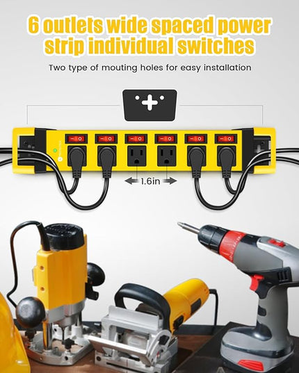 Heavy Duty Power Strip,6 Outlets Metal Power Strip with Individual Switch & Cord Management,Mountable Surge Protector 1200J,10FT Extension Cord(Yellow,10 FT)