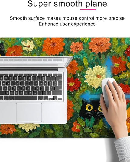 Mouse Pad Gaming Mousepad 31.5 x 11.8 Inch Large Keyboard Desktop Mat Diatomite XL Mouse Pad for Home and Office Desk Accessories with Colorful Floral Garden Cat Artwork