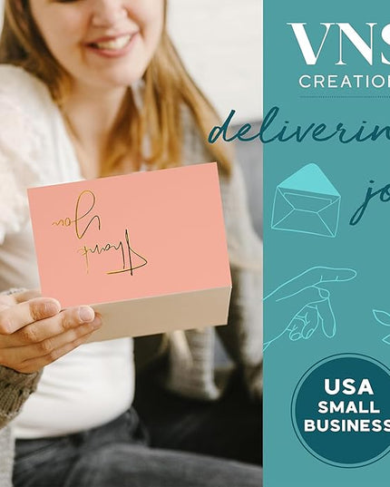VNS Creations Gold Foil Thank You Cards With Envelopes Bulk Set & Stickers - 100 Pack 4x6 Blank Thank You Notes Box Set - Large Note Card Small Business, Wedding, Baby Shower & Bridal Shower - Peach