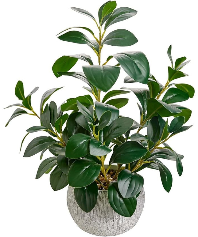 AlphaAcc 17.8 Inch Artificial Ficus Plant Potted Faux Greenery in Gray Round Vertical Striped Cement Planter with Pebbles Realistic Fake Plant for Indoor Modern Home Kitchen Living Room Office Decor