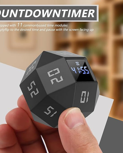 Mini 12-Sided Cube Timer with preset countdowns of 1-3-5-10-15-20-25-30-45-60-90 Minutes, a Rechargeable time Management Efficiency Tool Suitable for ADHD Management, Study and Cooking (Black)