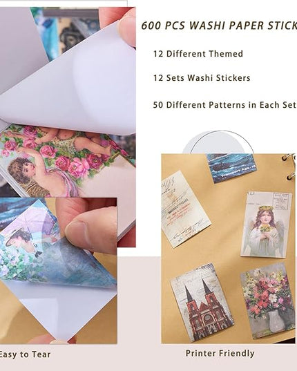 12 Sets 600 Sheets Washi Stickers for Journaling, Map Nature Celestial Portrait Boho Stickers Vintage Aesthetic Scrapbook Sticker Set for Bullet Journal Art Diary Card Craft Gifts Planner Notebook