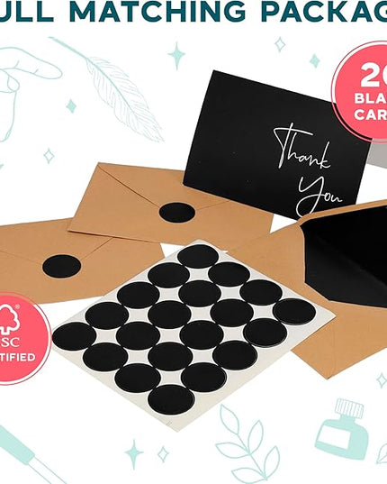 VNS Creations 20 Pack Thank You Cards With Envelopes, Stickers, 4x6 Inch Blank Thank You Notes - Bulk Box Set Large Notes for Graduation, Wedding, Small Business, Baby & Bridal Shower - Black
