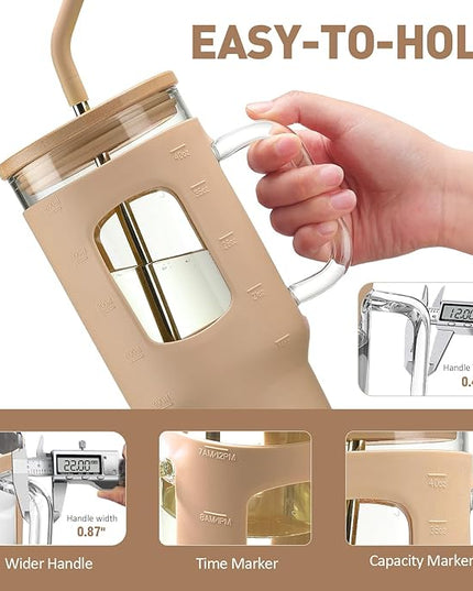 Glass Tumbler with Straw and Lid, 40 oz glass cup with handle, Glass Water Bottles with Time Marker, Silicone Protective Sleeve-Amber