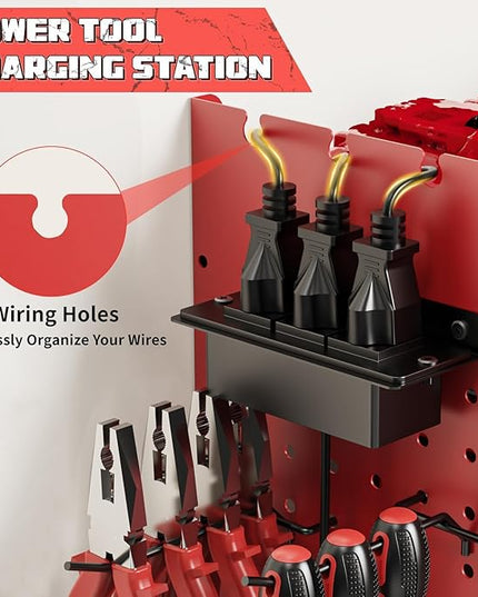 Power Tool Organizer with Charging Station Wall Mount, 3 Layer Expanded Heavy Duty Garage Organization, 45.5 Inch Length Garage Tool Storage, 8 Drills, 2 Assemble Method, Red