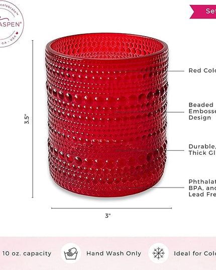 Kate Aspen Red Hobnail Drinking Glasses - Vintage Beaded Glassware Set for Cocktails, Juice, or Water - Christmas Table Decor and Holiday Drinkware - Great Holiday Hostess Gifts