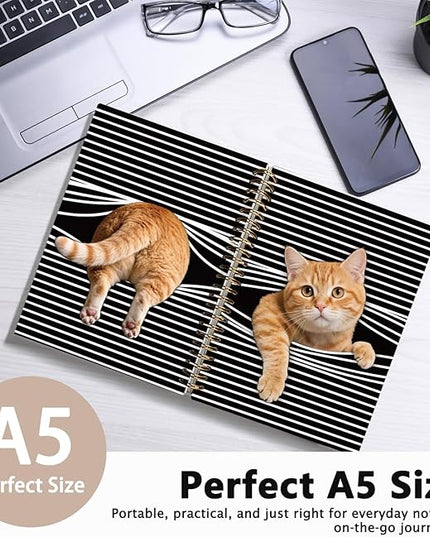 Funny Orange Tabby Cat Notebook Journal, Orange Cat Gifts Notebooks for Women, Pet Lovers Gifts Journal, Black and White Striped Cute Kitten Hardcover Spiral Notebook 5.5x8.3 Inch