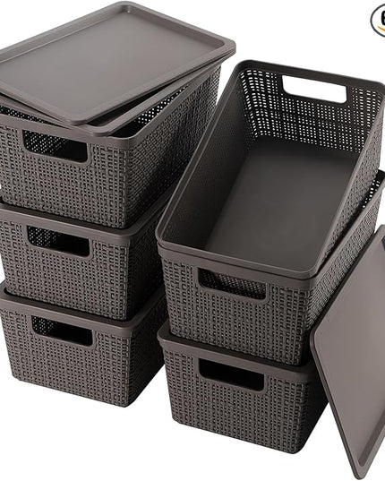 6 Pack Plastic Storage Baskets With Lids,Grey Breathable Stackable Storage Bins,Small Storage Containers,for Organizing Storage Baskets on Desktops,Closets,Playrooms,Classrooms,Offices