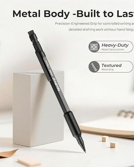Nicpro 1.3mm Mechanical Pencil Set in Leather Bag with Waterproof Field Notebooks, 3PCS Metal Heavy Duty Carpenter Pencil with Lead Refill & Eraser for Outdoor Journal Travel Drafting Drawing