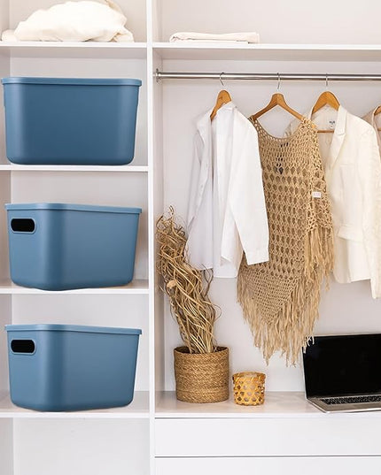 Hoolerry 8 Pieces Colorful Storage Bins with Lid, Plastic Storage Basket Organizing Container Stackable Box with Handle for Shelves Desktop Playroom Office(16.1 x 12.0 x 9.7 Inch,Blue)