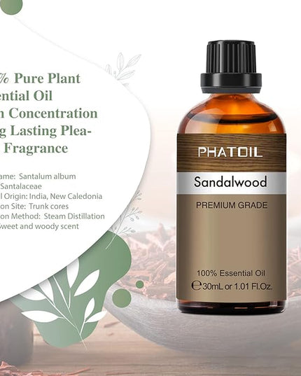 Sandalwood Essential Oil, 1.01Fl.Oz (30ML) PHATOIL Pure Essential Oil Singles for Aromatherapy Diffusers, Humidifiers, Great for DIY Candle and Soap Making, Gift for Friend