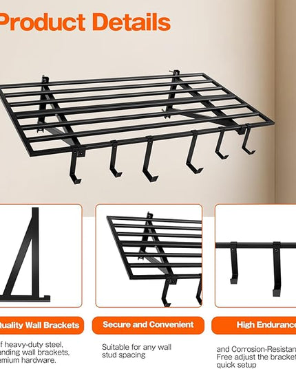 Garage Wall Shelving, 2X4ft Garage Storage Rack,Heavy Duty Wall Mounted Storage Shelf With 12 pc Hooks-Each Loads 260lbs Metal Wall Shelf,Black,2Pack