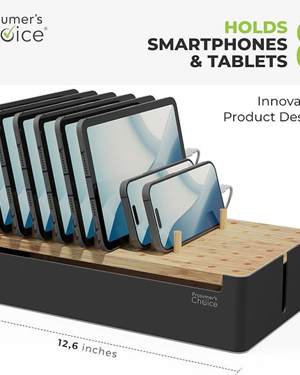Prosumer's Choice Black Wooden Charging Station Organizer for Multiple Devices - Cable Management Box with 5 Slots and Removable Dividers - Charger Organizer for Phone, Tablet, Home, Office, 12"x6"x7"