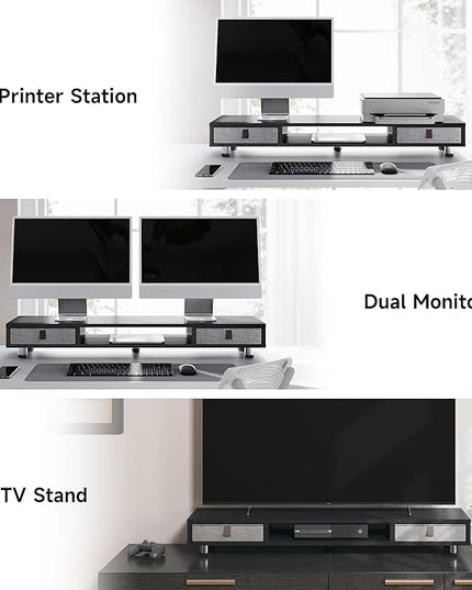Fenge Dual Monitor Stand with 2 Drawers, 42.5 Inches Large Computer Riser for Desk, Adjustable Height Desk Shelf with Storage for Laptop, PC, TV, Printer