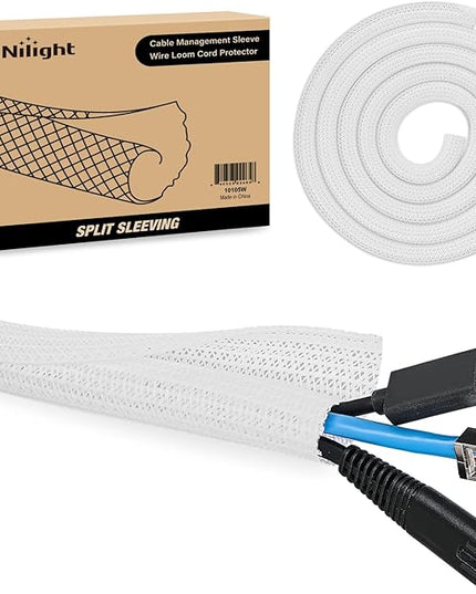 Nilight Cable Sleeve, 10ft-1/2inch Cord Management Sleeves, Braided Sleeving, Split Self Wrapping Wire Loom for Computer Electrical Automotive Harness Protector Organizer, White