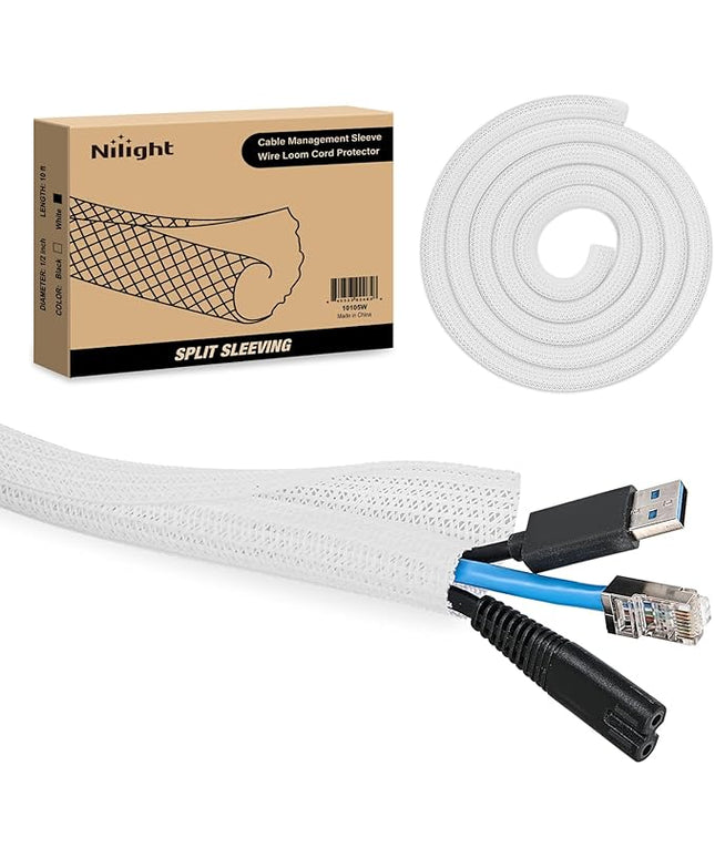Nilight Cable Sleeve, 10ft-1/2inch Cord Management Sleeves, Braided Sleeving, Split Self Wrapping Wire Loom for Computer Electrical Automotive Harness Protector Organizer, White