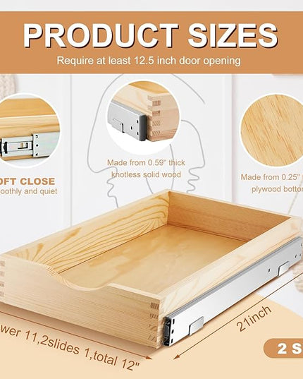 Menkxi 2 Set Pull out Tray Cabinet Organizer Wooden Pull Drawers storage Slide out Pantry Shelf for Base Cabinet Kitchen Gentle Close Fully Assembled Accessories(Wood Color,12'' X 21'' X 3")
