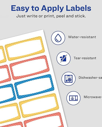 Avery Durable Labels for Kids' Gear,3/4" x 1-3/4",Assorted Border Colors,Water-Resistant Labels,60 Total (41442),(Pack of 2)