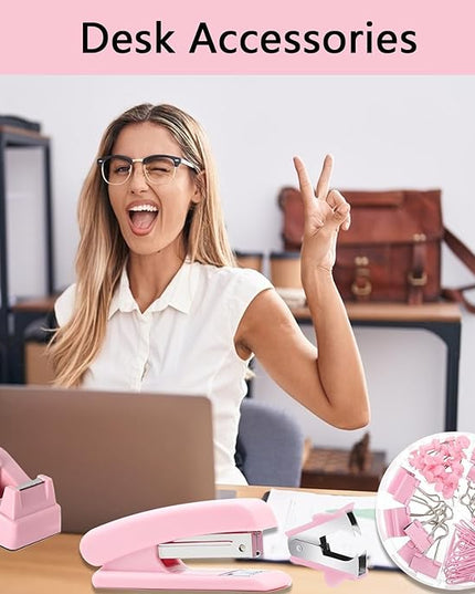 suniya Office Supplies,Desk Accessories,Tape Holder,Stapler,Scissor,Staple Remover,Box of Binder Clips,Staples,Ballpoint Pen,Lndex Tabs,Clear Tape,Office Supplies Set(Pink)