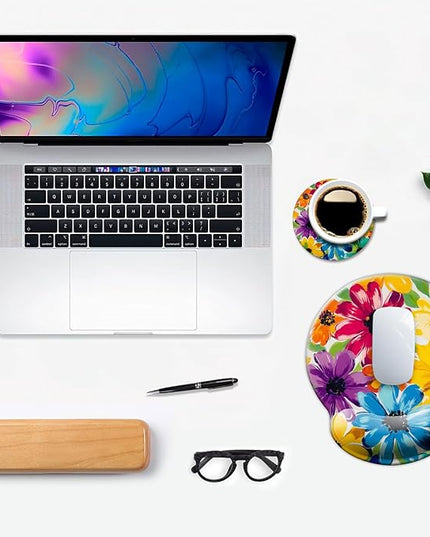 Ergonomic Mouse Pad with Wrist Support,Mouse Pad with Wrist Rest and Coaster Set,Office Supplies Non-Slip Mouse Pads for Desk, Non-Slip Comfortable,Colorful Floral