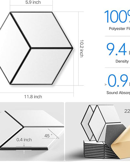 22-Pack Self-Adhesive Acoustic Panels, 12" x 10" x 0.4" – High-Density, Flame-Resistant Soundproof Foam. Absorbs Noise and Eliminates Echoes, Hexagonal 3D Design (White Face)