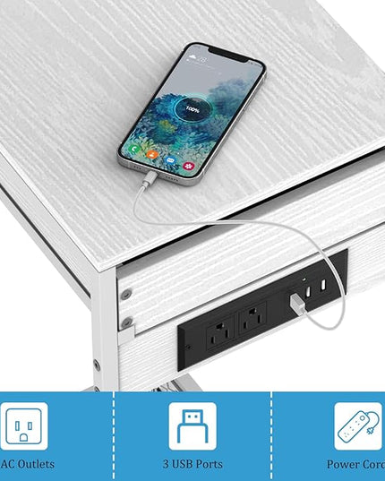 Computer Tower Stand, Adjustable PC Tower Stand CPU Holder Cart with Charge Station and USB Charging Port, 2 Tier Printer Stand with Wood Storage Drawer for Home Office Fax, White