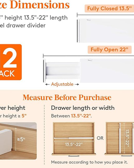 Lifewit 12 Pack Drawer Dividers Plastic 5" High, 13.5-22" Adjustable Drawer Organizers for Clothes, Expandable Dresser Separators in Bedroom/Bathroom/Kitchen/Fridge/Office Organization and Storage