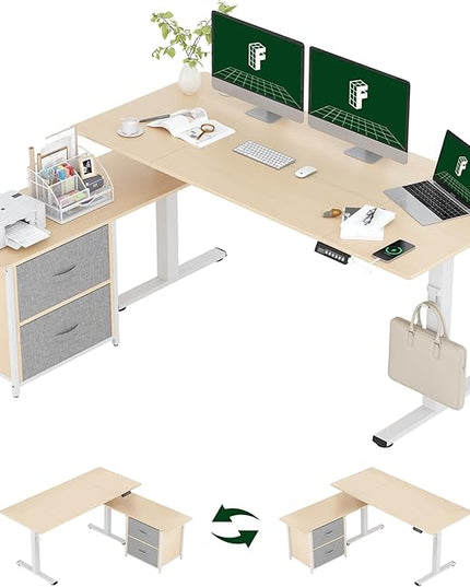 FLEXISPOT 63'' L Shaped Reversible Standing Desk with Drawers and Shelves, Large Corner Stand Up Executive Desk for Home Office, Light Wood Grain Top+ White Frame
