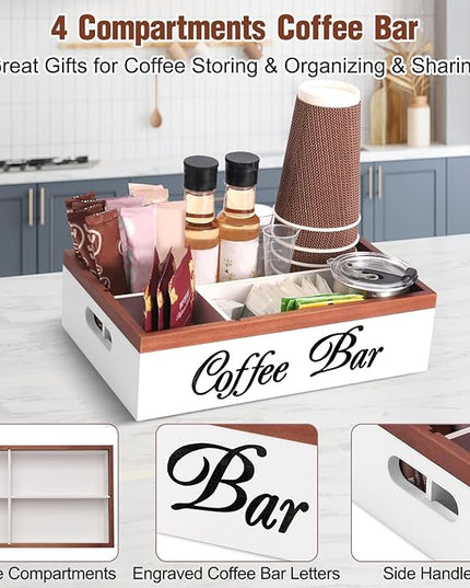Wooden Coffee Organizer Holder with Divided Sections & Cutout Handle, Farmhouse Coffee Bar Organizer for Pods, Cups, Lids, Syrups, Stirrers & Accessories – Ideal Gift for Home or Office-White