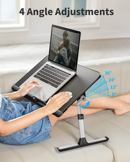SAIJI Laptop Bed Tray Table, Adjustable PVC Leather Laptop Bed Table, Portable Standing Desk with Storage Drawer, Foldable Lap Tablet Table for Sofa Couch Floor (Dark Black)