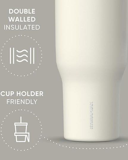 Hydrapeak Voyager 40 Oz Stainless Steel Tumbler with Handle, Insulated Water Bottle With Straw & Lid, Cupholder Friendly Reusable Travel Mug (Ivory)