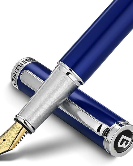 BEILUNER Luxury Fountain Pen Set,Solid 24K Gilded Medium Nib, Modern Classic Limited Edition -Includes 6 Ink Cartridges&Ink Refill Converter with Gift Case-Perfect for Men and Women（Charming blue）