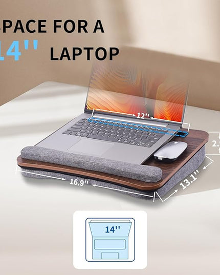 Heyfriday Home Office Lap Desk with Wrist Rest Laptop Bed Desk for Notebook, Laptop, Tablet, Lap Stand with Tablet, Phone Holder Fits Up to 14 Inch Laptops (Brown)