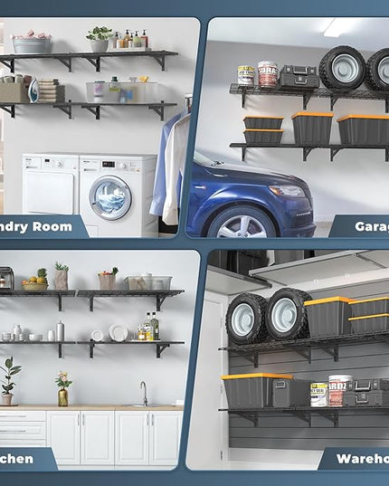 4 Pack Heavy Duty Garage Wall Shelving Set (1.5x4ft), Wall Mounted Garage Shelves 1400lbs Capacity, 18"x96" Shelf Storage Rack Floating Shelves, Black