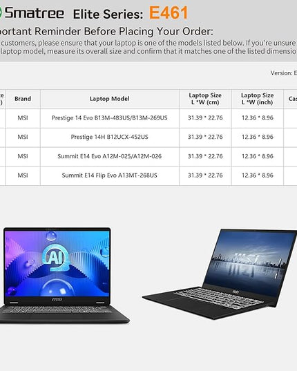 Smatree Laptop Sleeve for 14 inch MSI Summit E14 Flip Evo A13MT, for 14inch Summit E14 Evo A12M, for 14 inch MSI Prestige 14Evo B13M, for 14inch Prestige 14H B12UCX Case with Pocket (E461)
