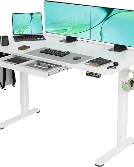 Claiks Standing Desk with Drawers, 55x24 Inch Stand Up Electric Adjustable Height Sit Stand Desk for Computer Workstation, White